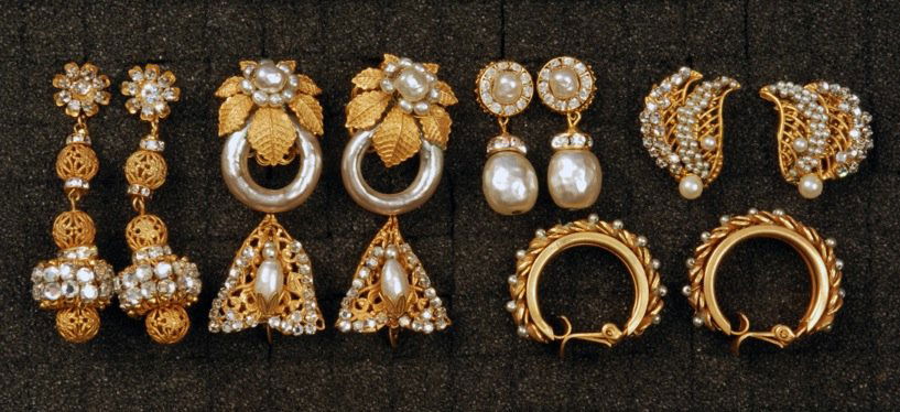 SIX PAIR MIRIAM HASKELL EARRINGS.: All gilt metal clips with pearls and/or rhinestones including hoops and drops. All signed except gilt hoops. (Both hoops missing one pearl) good-excellent.