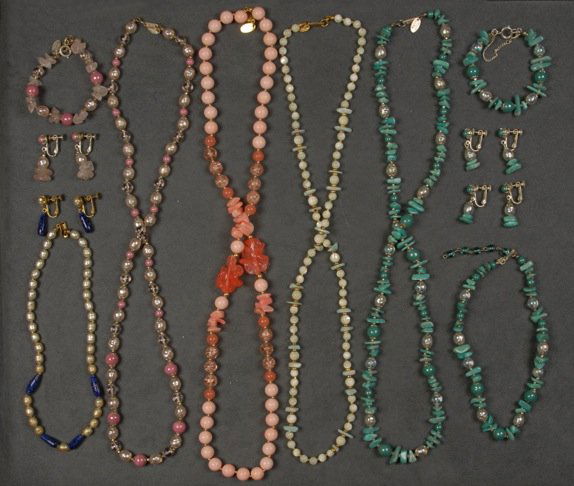 LOT of MIRIAM HASKELL BEAD JEWELRY.: Including one five piece parure, four necklaces, one bracelet and two pair ear clips. Signed. Necklaces 7 1/2 - 15 1/2. Fair-excellent.