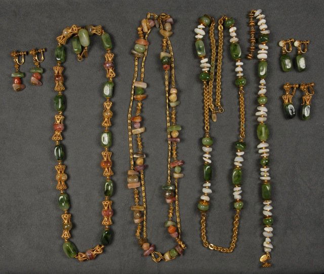 LOT of MIRIAM HASKELL JEWELRY.: Gilt metal with faux stones and shells, four necklaces and three pair ear clips. Signed. Necklaces 7 1/2 - 28 inches. Excellent.