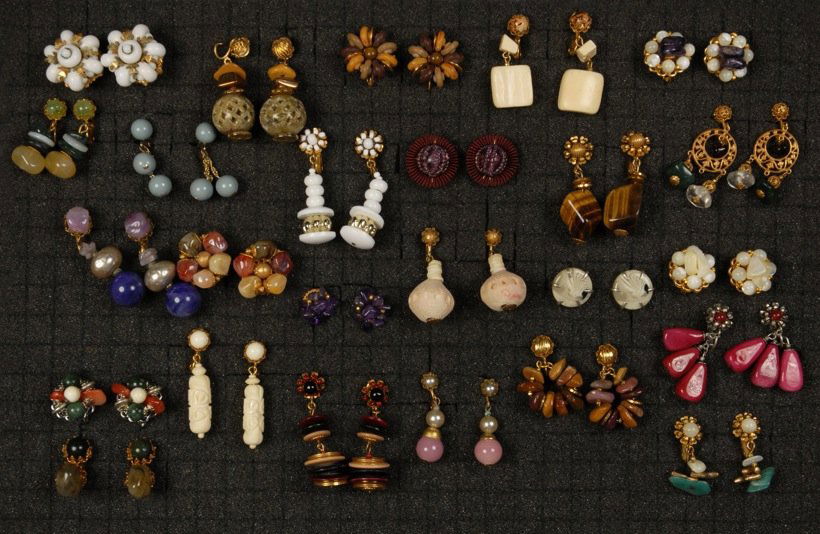 LARGE LOT of MIRIAM HASKELL EAR CLIPS.: Various materials, 25 pairs. Signed. Good-excellent.