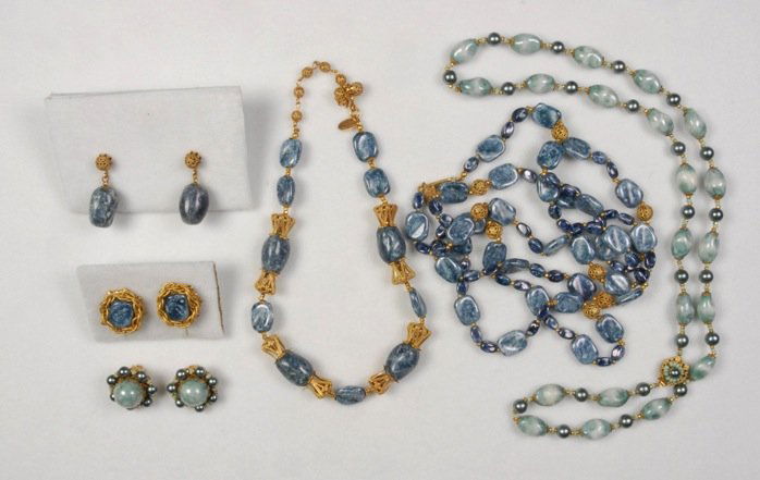 THREE MIRIAM HASKELL NECKLACE and EARRING SETS.: All having mottled blue beads and gilt filigree. Signed. Necklaces 7 1/2 - 23 inches. Excellent.