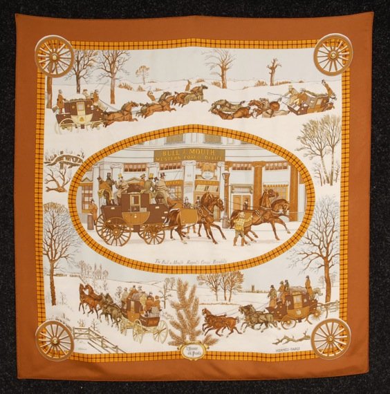 HERMES PRINTED SILK L'HIVER en POSTE SCARF, 1975.: Philippe Ledoux design with coaching scenes in brown and gold on ivory ground. Marked Hermes Paris. 35 x 35. Excellent.