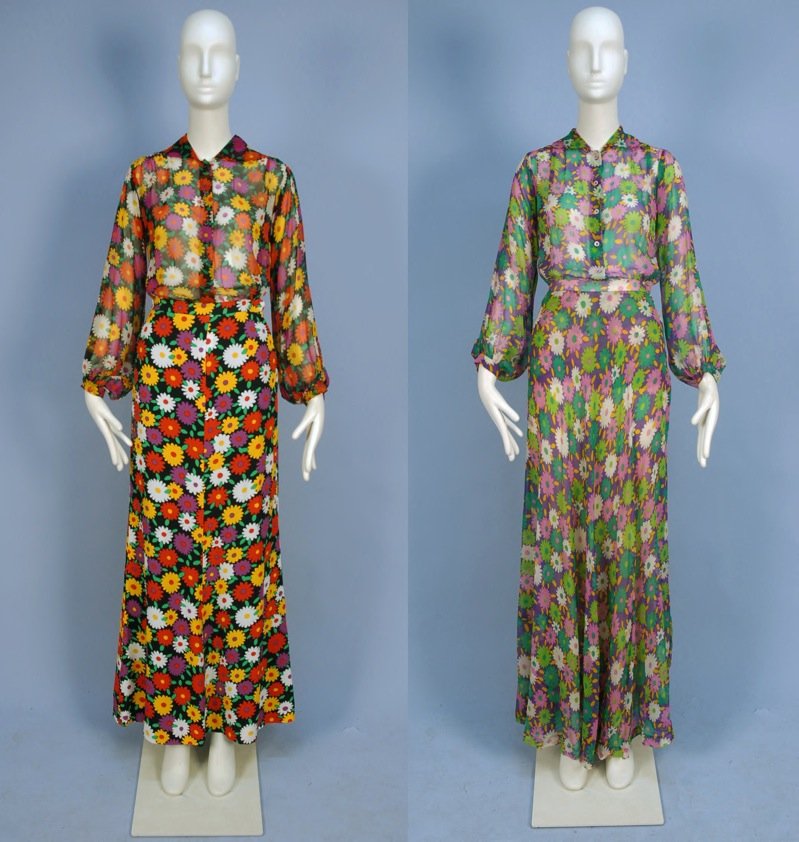 TWO SAINT LAURENT RIVE GAUCHE PRINTED SILK ENSEMBLES,: Both floral prints, long sleeve and long skirt: One chiffon, blouse size 34, skirt 36. One chiffon blouse with crepe skirt, blouse size 38, skirt 40. Labeled. (Stain on side of crepe skirt) very good-