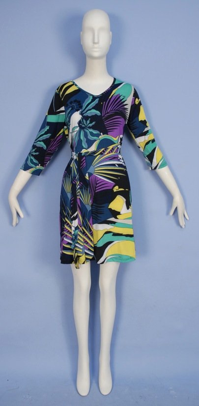 EMILIO PUCCI PRINTED STRETCH SILK DAY DRESS, 20th C.: Three quarter sleeve with signature "Emilio" tropical print in black, slate, lilac, aqua, yellow and white, self belt. Labeled. Size L. (Minor dye transfer on back) very good.