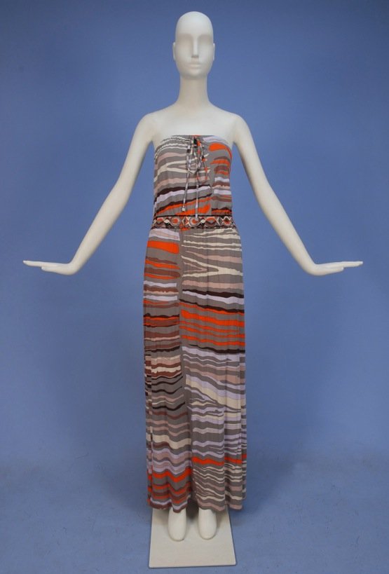 DEADSTOCK PUCCI JERSEY MAXI DRESS, c. 2000.: Rayon blend with abstract print in grey, brown, orange and white, elastic bodice top with self halter tie, slit back and elastic waist with patterned band. Labeled, hang tags attached. Marked size 42.