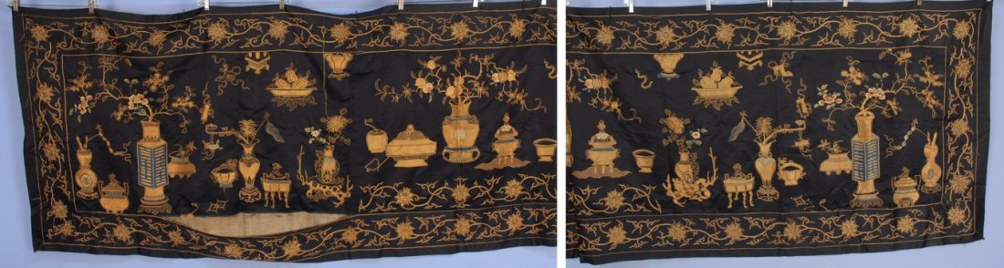 CHINESE EMBROIDERY PANEL, 19th-EARLY 20th C.: Black silk satin decorated with couched metallic gold embroidery of the One Hundred Antiques design. 38 x 138. (Lower left border seam detached about 30 inches) otherwise excellent.