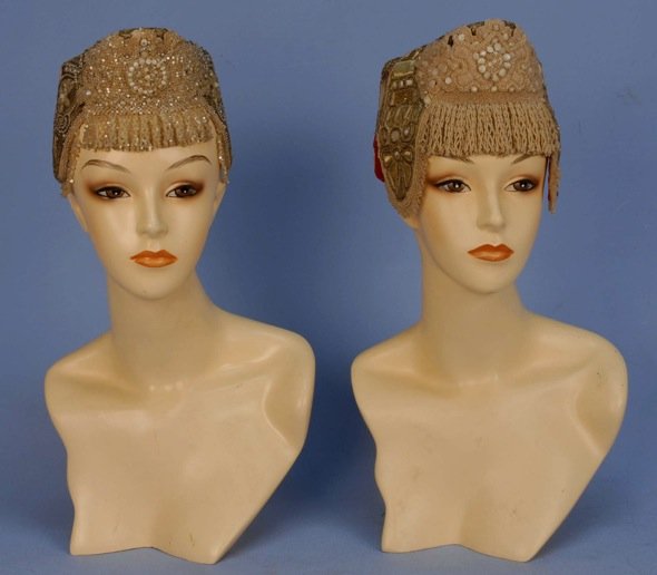 TWO RUSSIAN BEADED and METALLIC EMBROIDERED: Both lavishly decorated with padded gold embroidery, pearls, white stones, beads and beaded fringe. (Both having some bead and embroidery losses) good. MMA.
