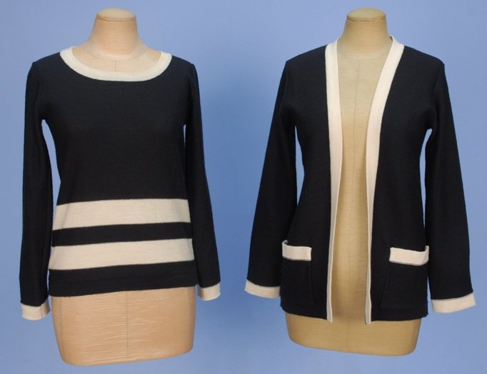 CHANEL WOOL TWIN SET, c. 1970.: Black with cream trim, sweater having two wide stripes, cardigan with patch pockets. Sweater labeled, cardigan unlabeled. Sweater B-34, L-23 1/2, cardigan L-25 1/2. (Neckband on sweater soiled, two sm