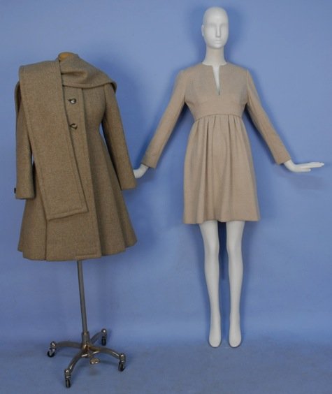 GEOFFREY BEENE THREE PIECE WOOL ENSEMBLE, 1970's.: Oatmeal day dress with slit jewel neck, long notched sleeve, banded bodice details and gathered skirt with side seam pockets. Oatmeal and green tweed collarless coat having tortoiseshell buttons and i