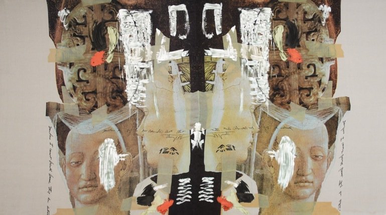 RALPH RUCCI HAND PAINTED and PRINTED SILK STOLE, 2002.: Oversize stole pieced with two cream chiffon mirror image panels printed with buddha-like head, jade carving and calligraphic musings, over-painted with white brushstrokes. 108 x 50. Excellent.