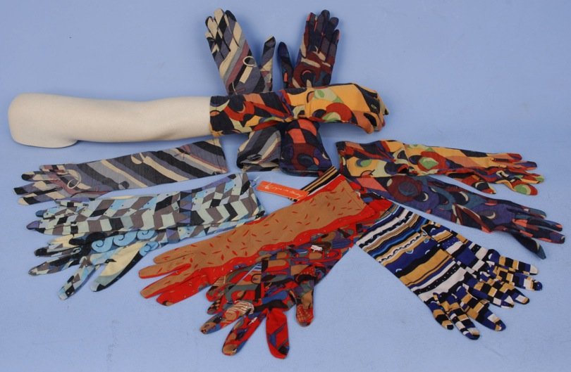 SIX PAIR GEORGINA von ETZDORF PRINTED KNIT GLOVES.: Silk and/or wool in various abstract patterns including some deadstock.