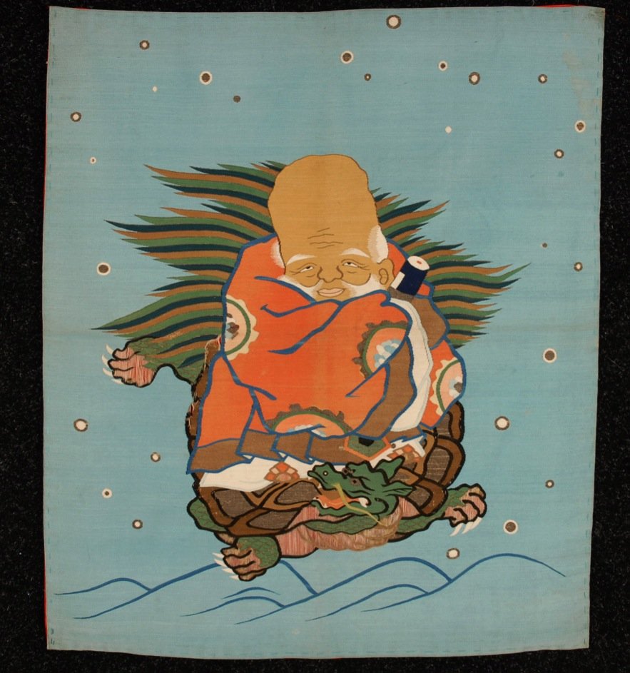 CHINESE KOSSU WEAVING, 19th-20th C.: Figure of Luk Sau with scroll atop dragon. 25 x 30. (Losses of gold, particularly on feet and belly of dragon, few loose threads) very good.