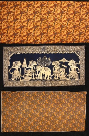 THREE INDONESIAN BATIKS, 1930s.: Two brown and blue with birds and foliage, one blue and white with Wayang Kulit images. Each 40 x 90. Excellent. FIT.