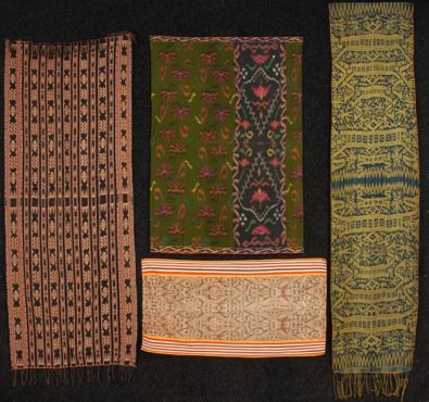 FOUR INDONESIAN IKATS, 1930-1970.: Bali, Sumatra, Sarawak and Savu (Somba), including one fragment. Largest 26 x 72, 20 x 88, 66 x 46 uncut Bali. Good-excellent. FIT.