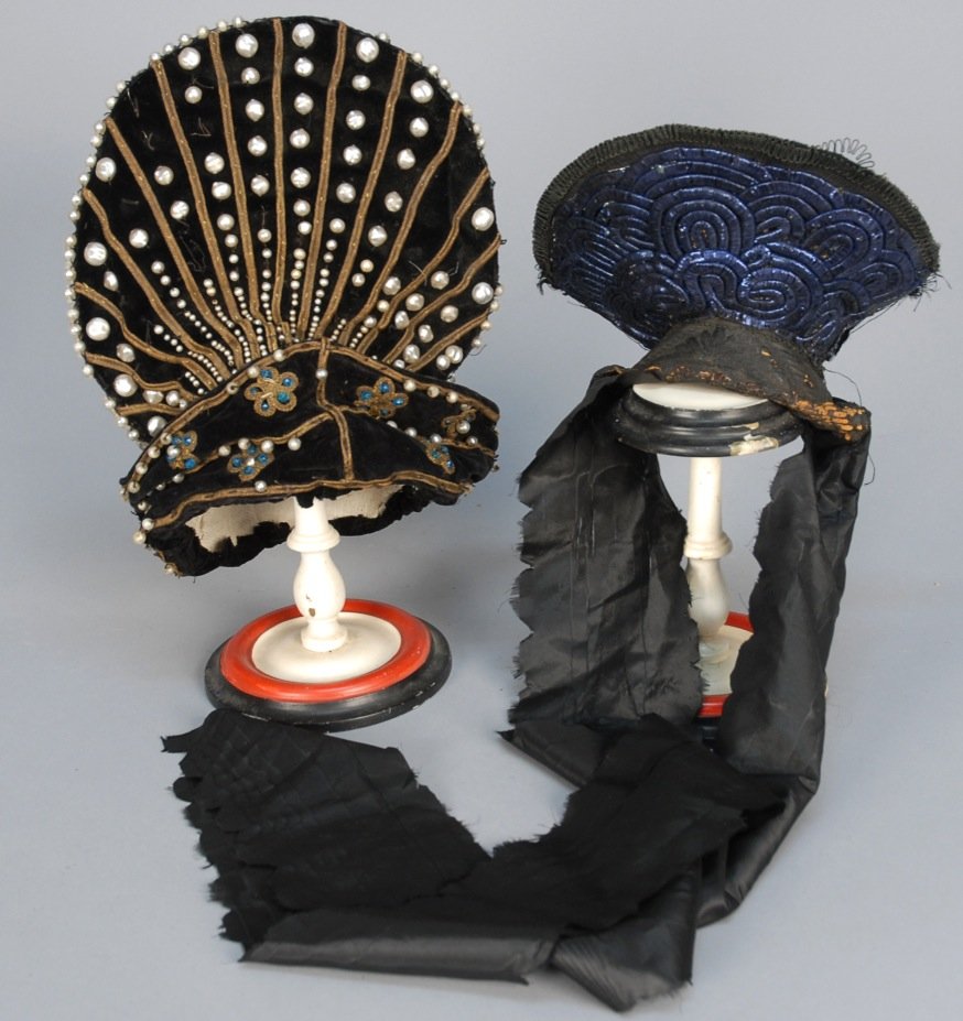 RUSSIAN and BAVARIAN HEADDRESSES, 19th C.: Both mounted with fan shape: One black velvet having gold cord, pearls and blue beads. (pearl losses). One decorated with blue metallic loops and scrolls over silver foil mounted on a cardboard base c