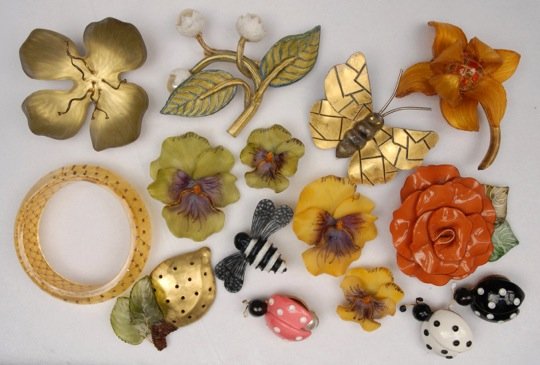 FABRICE of PARIS BROOCHES, 1964 - MODERN.: Twelve pins in floral and insect designs. Together with a floral pin signed "Alexis Bittar", one unsigned floral pin, and plastic bangle. (15). Excellent.