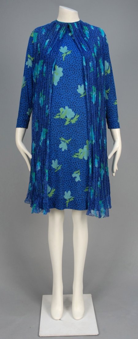 LA MENDOLA FLORAL PRINTED SILK DRESS, 1960s.: Jersey long sleeve A-line having pleated chiffon "babydoll" overdress open at the front. Labeled. B-38, W-36, H-42. L-40. Excellent.