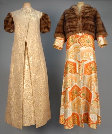 PAULINE TRIGERE EVENING DRESS and COAT, c. 1960.: Metallic gold matelasse having boatneck, princess seams and short brown mink sleeve, matching sleeveless coat. Labeled. B-40, W-38, H-44, L-57 (some broken metallic threads). Together with a Nolan Mil