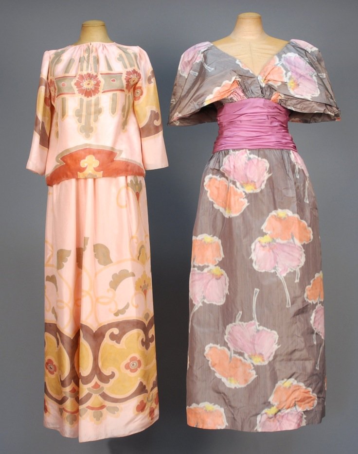 MARY McFADDEN PRINTED SILK TWO-PIECE DRESS, 1970s.: Peasant style top with three quarter bell sleeve and long, wide skirt in a stylized ethnic print, silk lining. Labeled. B-38, W-26, skirt L-43. Together with an unlabeled sleeveless warp printed silk 