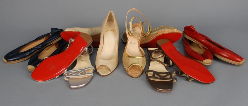 SIX PAIR CHRISTIAN LOUBOUTIN LADIES SHOES.: Two pair rope soled flats, two pair metallic leather sandals, one pair canvas stacked wood wedges, one pair metallic gold sandals with cork wedge. Lot includes six dust bags. Size 38-39. Excellent-pri