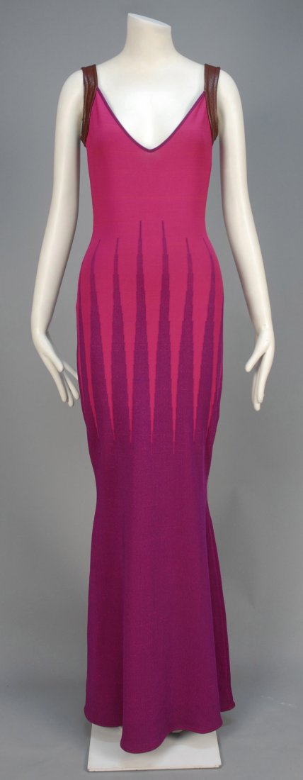THIERRY MUGLER LEATHER TRIMMED TWO-TONE KNIT SHEATH,: Heavyweight knit sleeveless body hugging long silhouette with interlocking fuchsia and purple spike pattern, the wide strap/armhole binding of brown topstitched lambskin, skirt flaring below knee. Lab