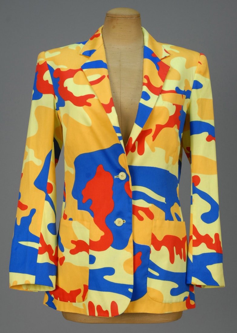 STEPHEN SPROUSE COTTON CAMOUFLAGE BLAZER.: Warhol designed print in primary colors, satin lined. Labeled. B-36, Sh-16 1/2, Slv-23, L-29. (Small light spot and stain on one sleeve) very good.