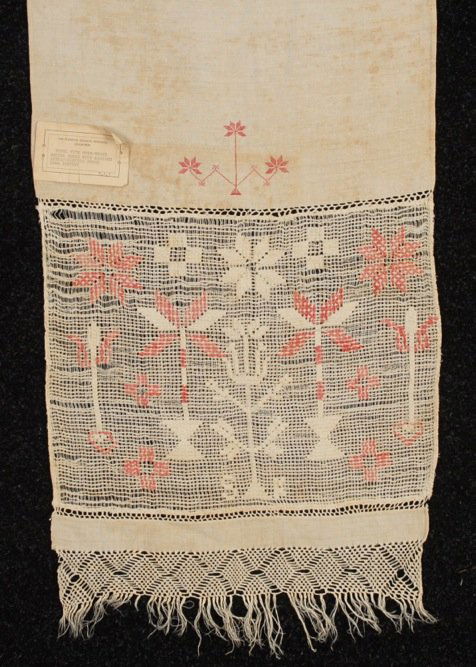PENNSYLVANIA DUTCH SHOW TOWEL, 1844.: Natural linen having red cross stitch embroidery and open weave end band with embroidery, macrame border. Signed "Susana Kasler 1844". 16 1/2 x 58. (Some browning and fringe losses) good. Ex Florence
