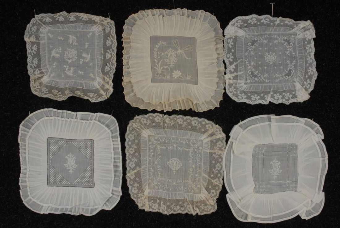 SIXTEEN PINCUSHION COVERS, LATE 19th - EARLY 20th C.: All finely worked with lace and/or embroidery, all monogramed JPM (J. P. Morgan) or JNM (Jane Norton Morgan). Most approximately 10 x 10 inches. Good-excellent.