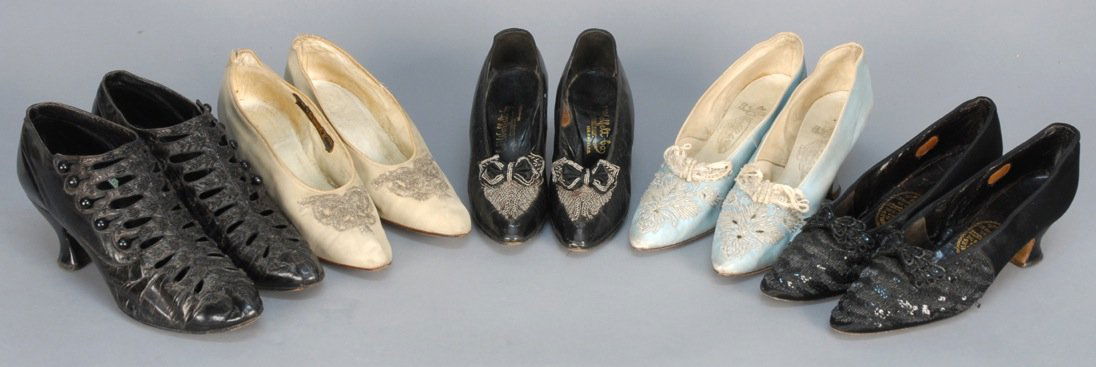 FIVE PAIR LADIES BEADED SHOES with LOUIS HEEL, 1900 -: One blue kid with crystal beads and eyelets. One black leather with steel beads. One black silk with beads and sequins. One taupe suede with crystal micro beads. One black leather with cutouts and sid