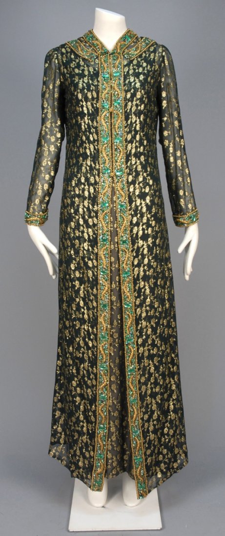 GALANOS (ORRY-KELLY) FILM COSTUME for ROSALIND RUSSELL,: Long dress and lounging coat of dark green silk chiffon with allover metallic gold floral brocade, sleeveless column dress with scoop neck and low back, taupe crepe lining, sheer long sleeve coat trim