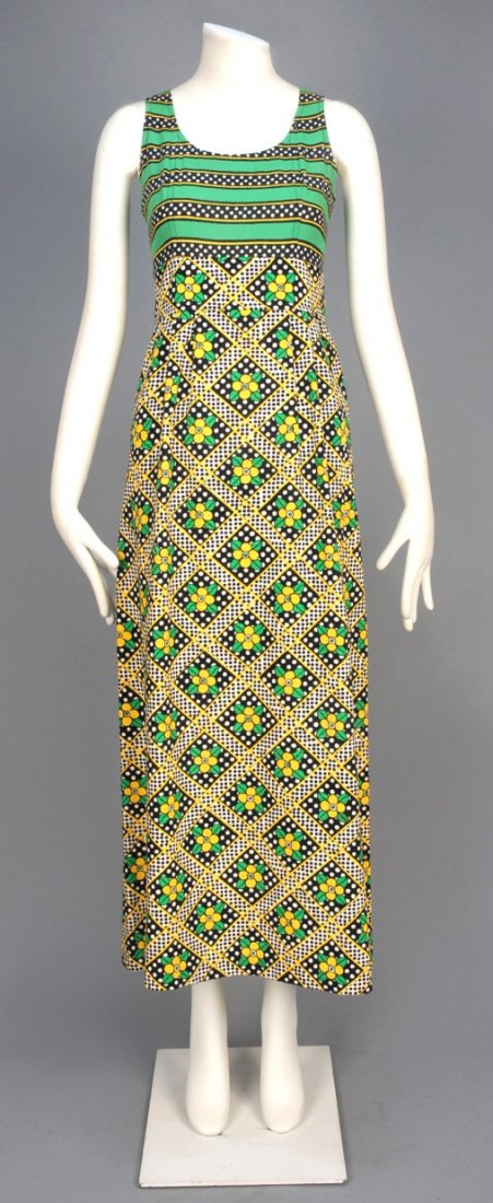 EMANUEL UNGARO PRINTED MAXI DRESS, c. 1970.: Sleeveless empire silk bodice with polychrome dotted stripe and cotton duck A-line skirt having floral print within diamond lattice. Parallele label. B-34, W-26, H-40, L-52. (Faint stain on back) very