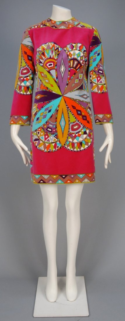 PUCCI PRINTED VELVETEEN DAY DRESS, 1970s.: Long sleeve magenta cotton having signature "Emilio" polychrome print with large medallion and silk lining. Labeled. B-36, L-36. (1/4 inch worn spot on front, zipper needs mending) very good.
