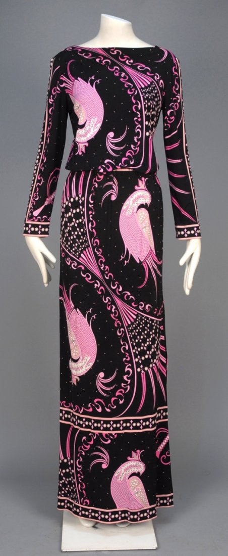 PUCCI PRINTED SILK JERSEY MAXI DRESS, 1970s.: Signature "Emilio" print of pink and white stylized cockatiels on black ground, long sleeve boatneck with elasticized waist and narrow A-line skirt. Unlabeled. B-38, W-up to 34, H-40, L-62. Excellent.