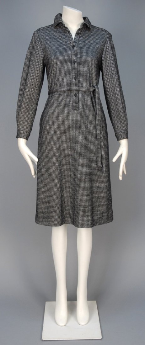 HANAE MORI WOOL DAY DRESS, 1970s.: Black and white houndstooth with shirt styling, side seam pockets and self sash. Labeled. B-34, W-32, H-40, L-42. Excellent.