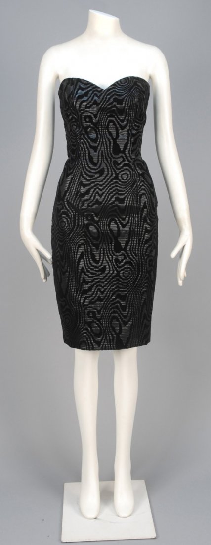 VICKY TIEL FAUX BOIS PATTERNED COCKTAIL DRESS and: Rayon blend with black velveteen on ribbed charcoal metallic ground, strapless dress with semi-boned sweetheart bodice and tapered skirt with back vent, matching jacket having angled double breast and