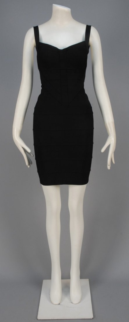 HERVE LEGER BANDAGE DRESS.: Sleeveless black with narrow strap, arrow shaped bodice detail and low back. B-34, W-24, H-34, L-34. Labeled. (Extra pads sewn in bust) excellent.