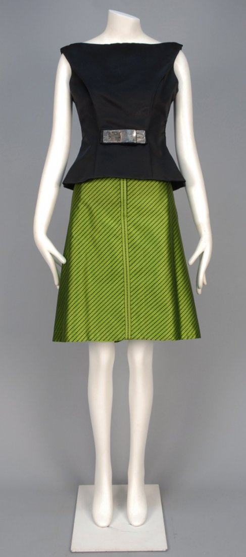 CHRISTIAN LACROIX NUMBERED SAMPLE SKIRT and SHELL.: Nile green and black geometric weave with hidden front zipper set in vertical trim band, back decorated in long and short bands, long bands concealing pockets. Labeled, tape inked 91363. Dull black sa