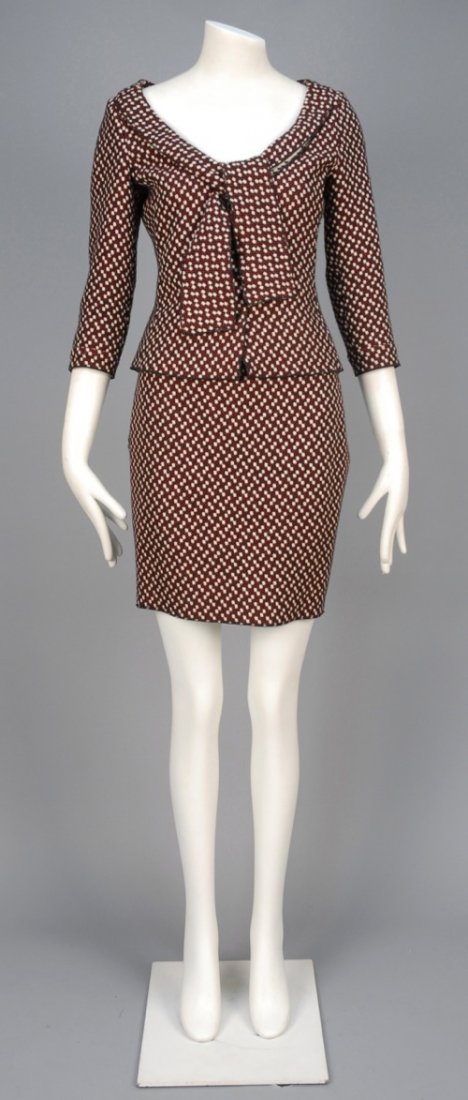 MIU MIU NOVELTY WEAVE SKIRT SUIT.: Black and red check wool with cream blocks, unstructured jacket with open neck having self tie and 3/4 sleeve and matching mini skirt with elastic waistband. Labeled. B-36, jacket L-21, W-26, H-36, sk