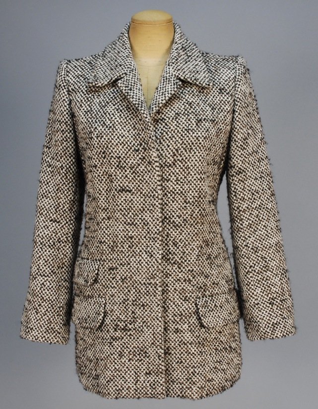 YVES SAINT LAURENT RIVE GAUCHE WOOL and MOHAIR JACKET.: Cream and brown checked weave having three flap pockets and hidden buttons. Labeled. B-36, Sh-15, Slv-24, L-30. Excellent.
