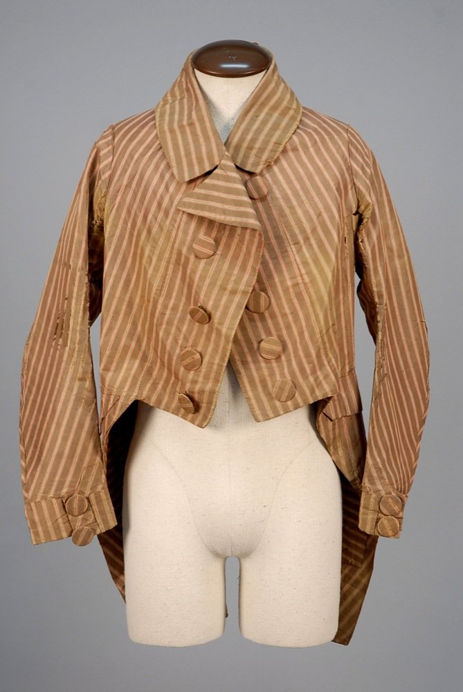 GENTS STRIPED SILK TAIL COAT, c. 1810. Brown, grey and (1 of 5)