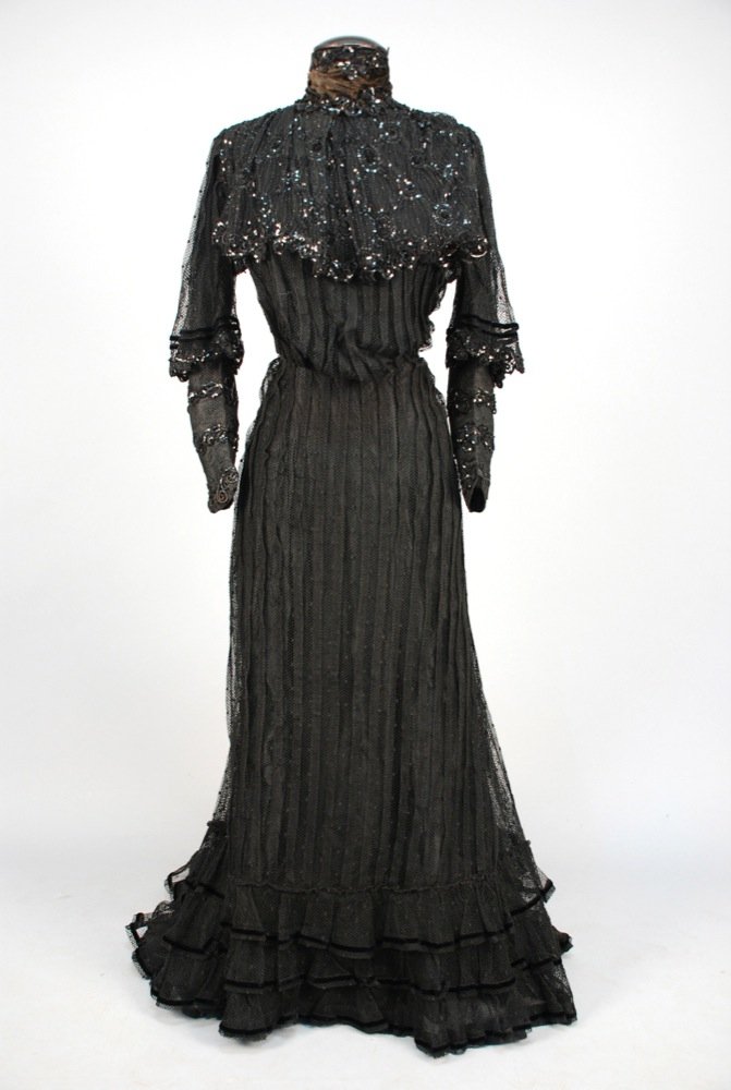 SEQUINED DOTTED NET GOWN, c, 1900. Two-piece black (1 of 4)