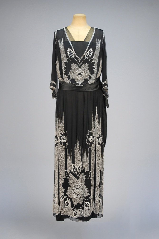 EDWARDIAN BEADED SILK GOWN. Black silk having short (1 of 7)