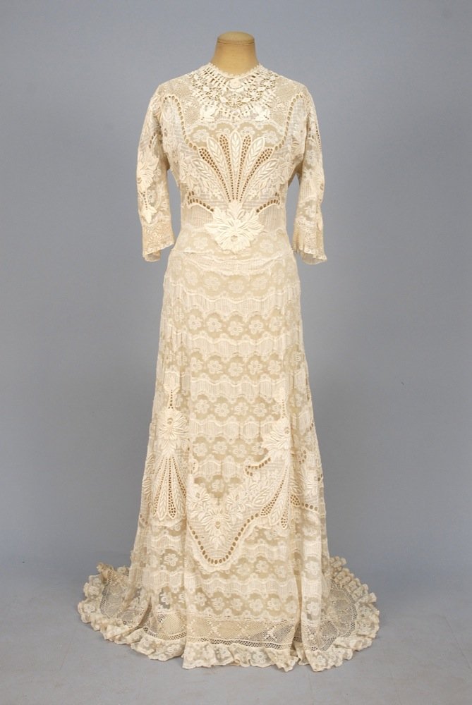 TRAINED LACE and EMBROIDERED SUMMER GOWN, EARLY 20th C. (1 of 3)
