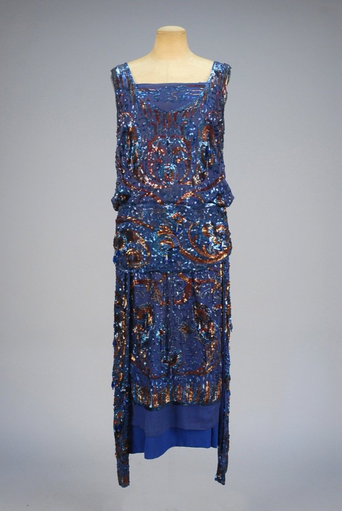 SEQUINED CHIFFON EVENING DRESS, 1920s. Sapphire blue (1 of 4)