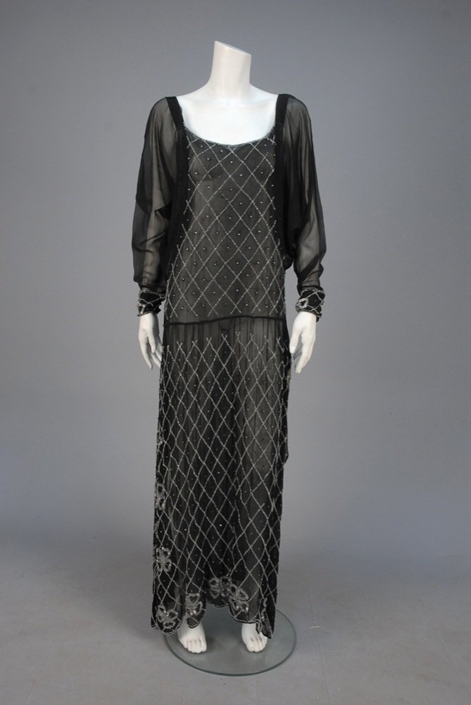 CRYSTAL BEADED EVENING GOWN, c. 1920. Black chiffon (1 of 3)