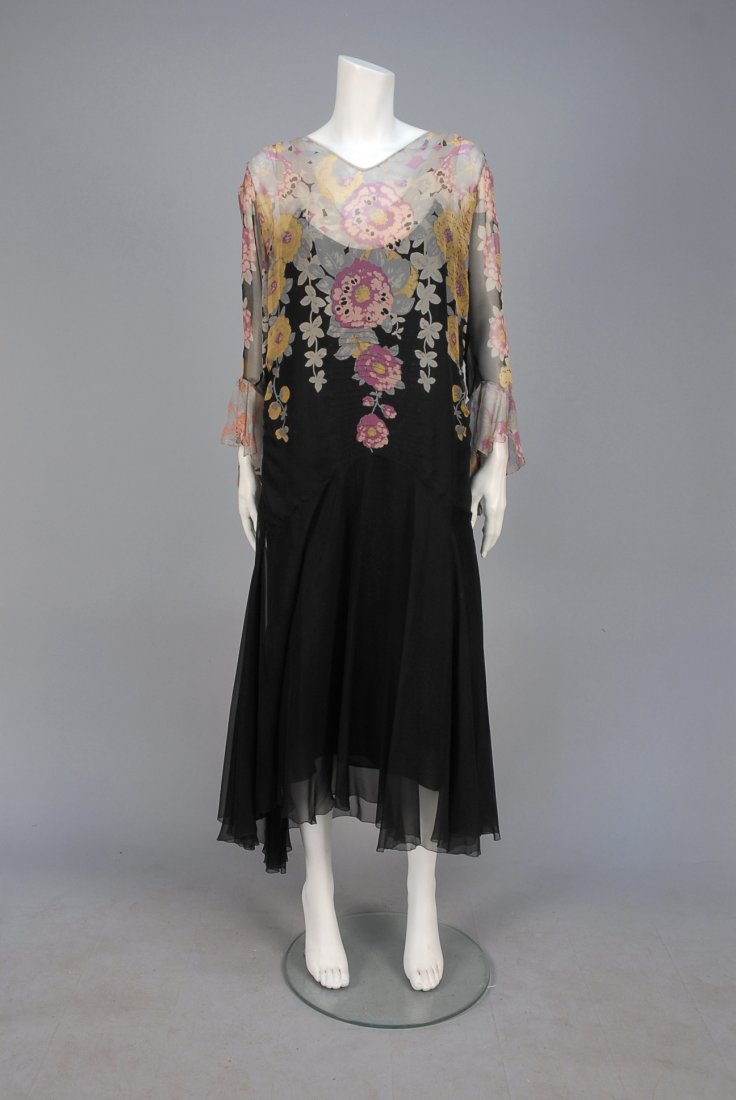 PRINTED CHIFFON DAY DRESS, 1920s. Black silk with (1 of 3)