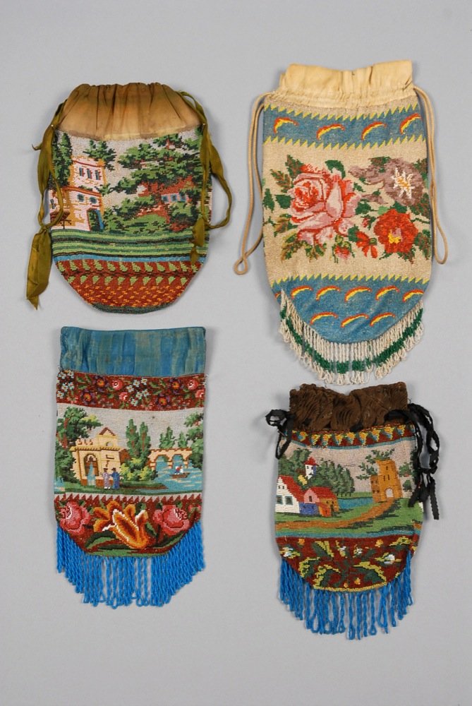 FOUR VICTORIAN MICRO-BEADED DRAWSTRING BAGS. One floral (1 of 3)