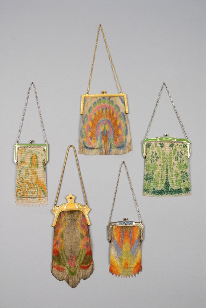 FIVE WHITING and DAVIS PAINTED METAL MESH PURSES, EARLY (1 of 3)