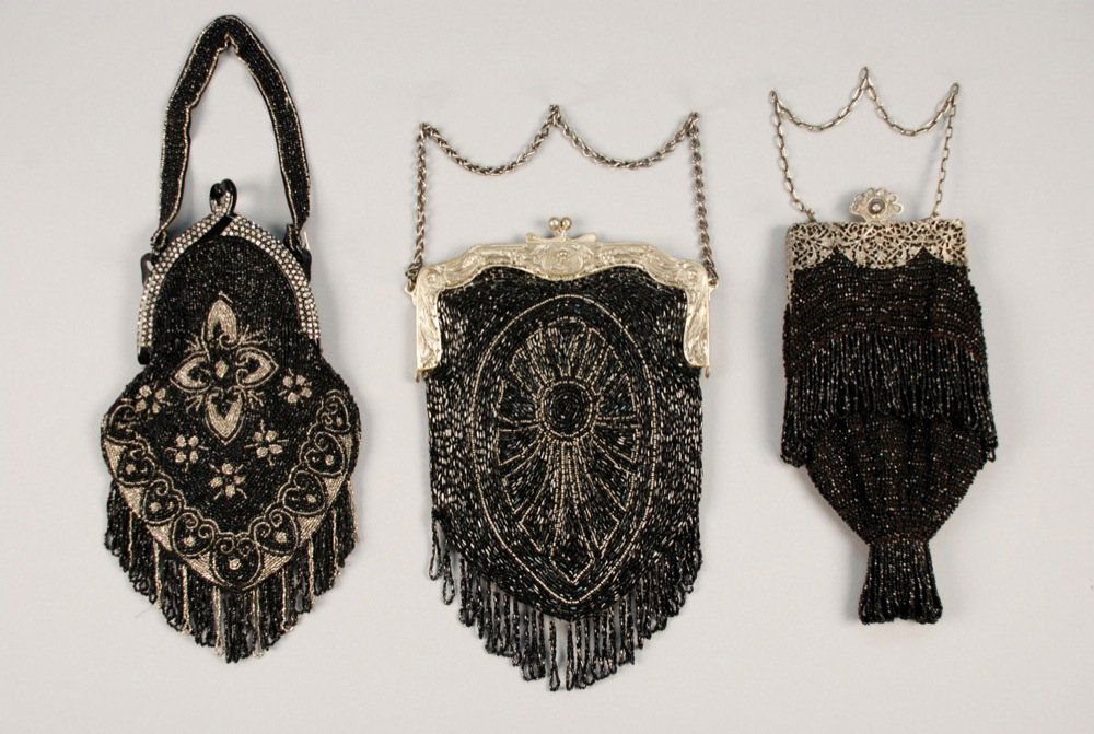 THREE BLACK BEADED BAGS, EARLY 20th C. One having (1 of 2)