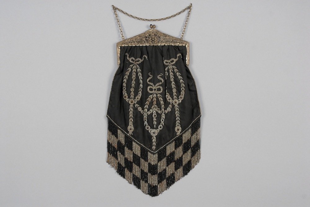 STEEL BEADED SILK BAG with CHECKED FRINGE, EARLY 20th (1 of 4)